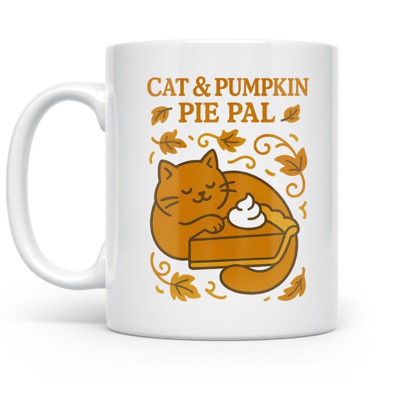 Tailorly White Ceramic 11 oz Mug - Cat Pumpkin Pie Pal Adorable Cartoon Ginger Kitty Hugging A Slice Of Autumn Pumpkin Pie Cat