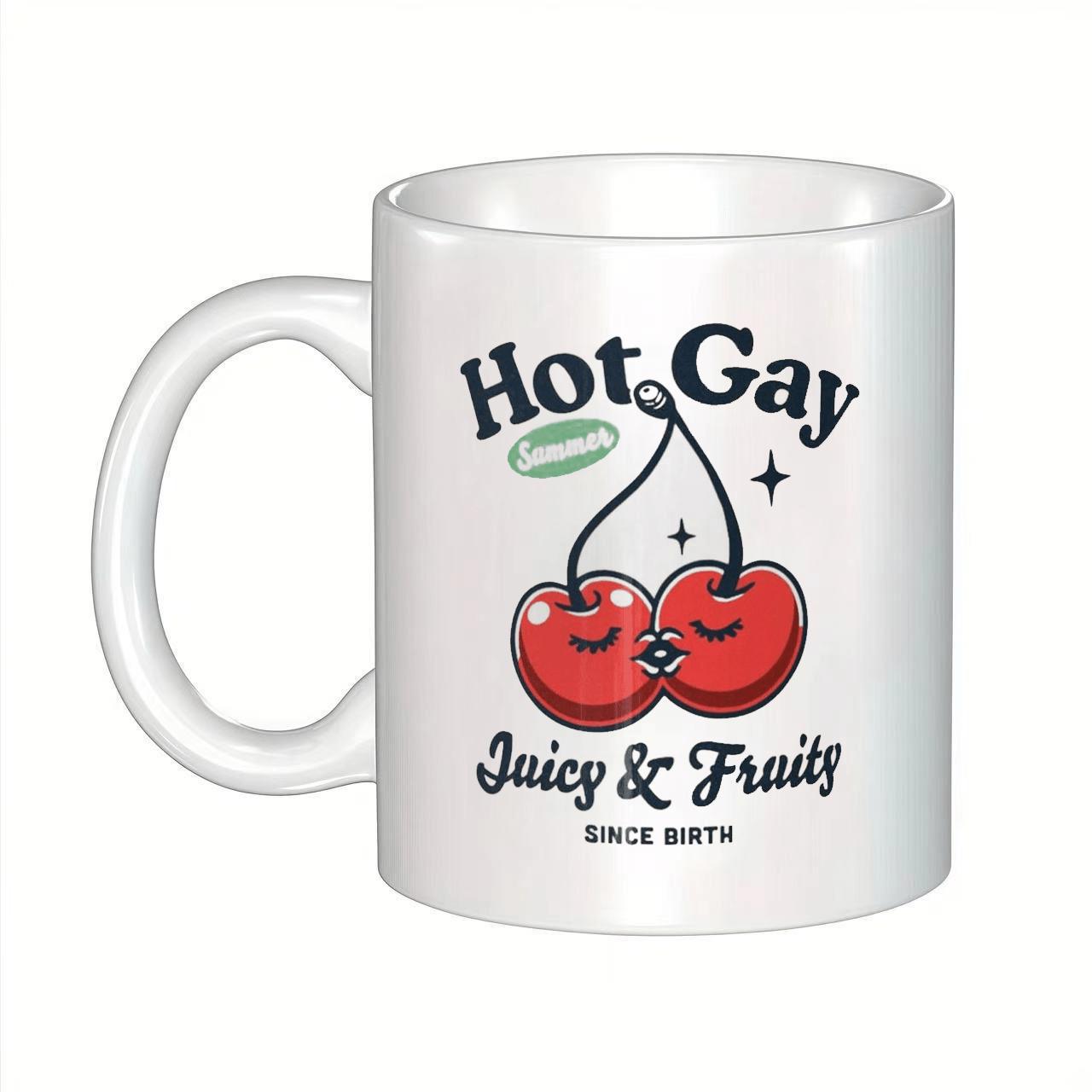 Tailorly White Ceramic 11 oz Mug - Hot Gay Juicy Fruits Since Birth Two Red Cherries Kissing Together In Retro Cartoon Style With Sparkles Cherries
