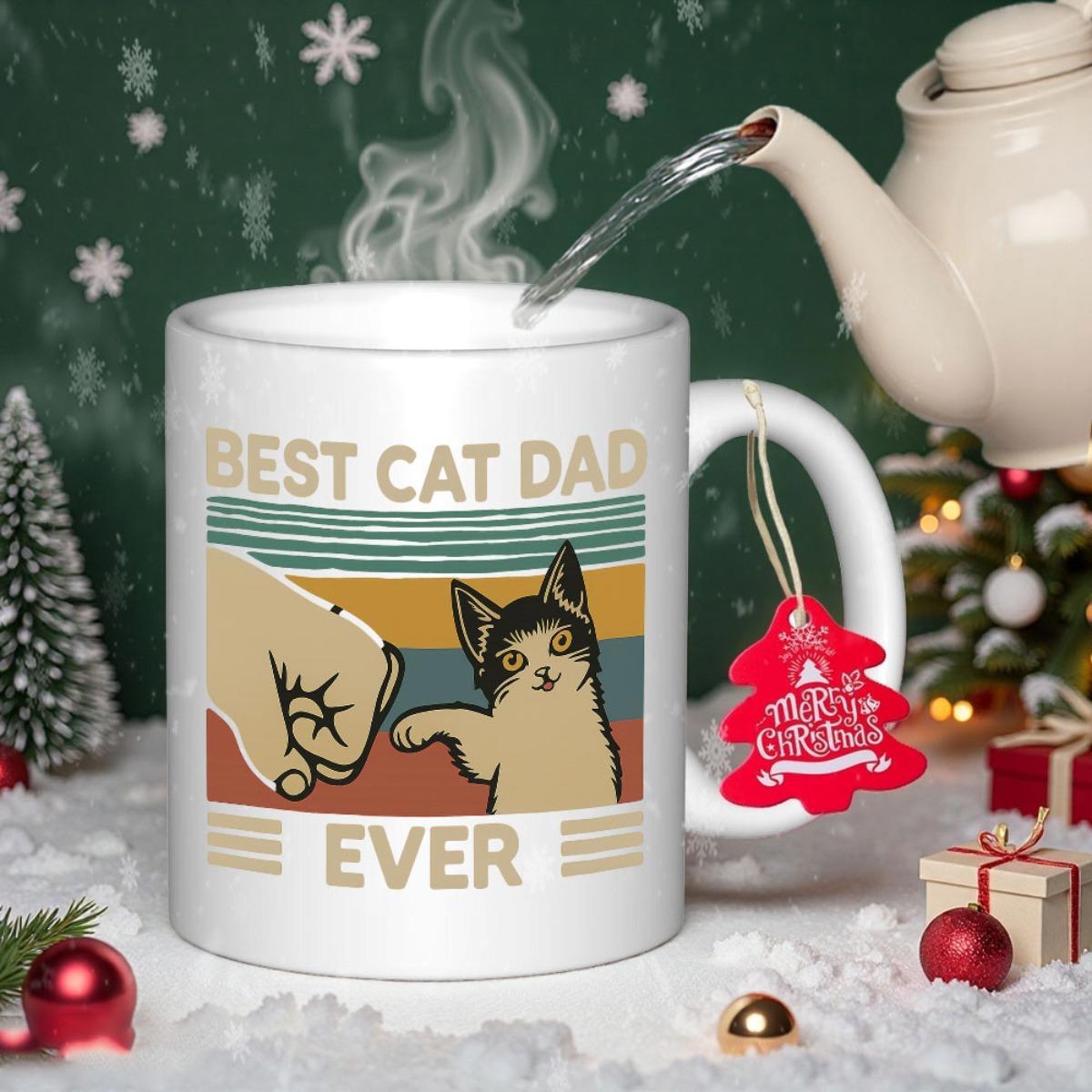 Tailorly White Ceramic 11 oz Mug - Best Cat Dad Ever Vintage Retro Sunset Background With Human Fist Bumping A Kitten Cat