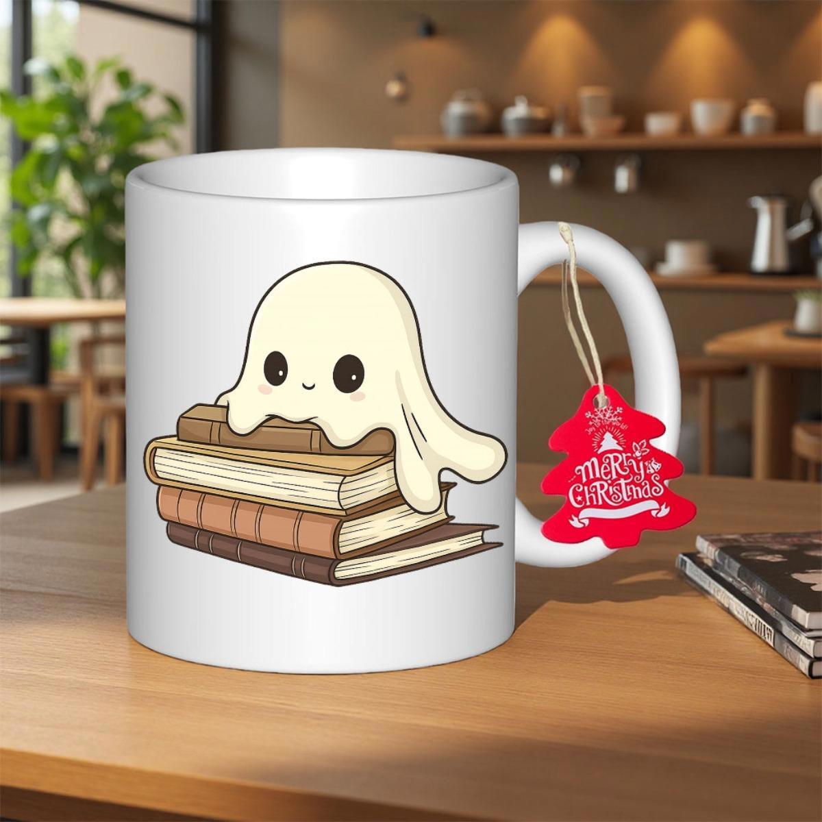 Tailorly White Ceramic 11 oz Mug - Merry Christmas Adorable Little Ghost Resting Comfortably On A Stack Of Vintage Books Ghost
