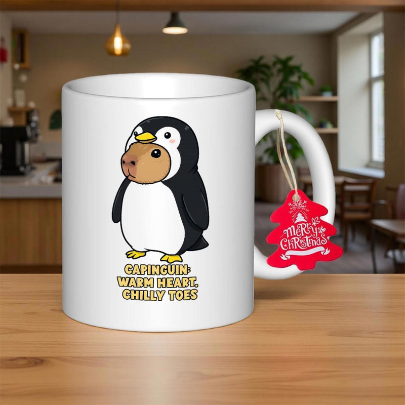 Tailorly White Ceramic 11 oz Mug - Capiguin Warm Heart Chilly Toes Adorable Capybara Wearing A Soft Winter Penguin Costume Standing Still Penguin