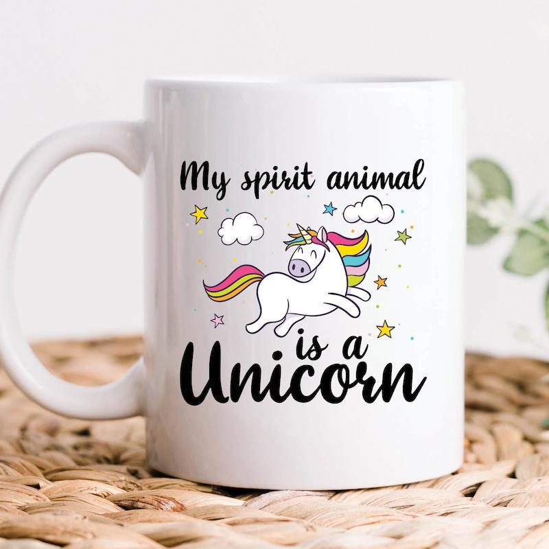 Tailorly White Ceramic 11 oz Mug - My Spirit Animal Is A Unicorn Magical Rainbow Mane Dancing Among Clouds And Golden Stars Unicorn