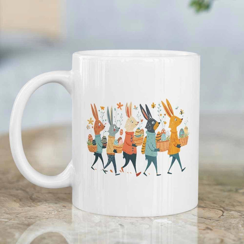 Tailorly White Ceramic 11 oz Mug - Whimsical Colorful Illustrated Walking In A Decorative Row Carrying Baskets Rabbit