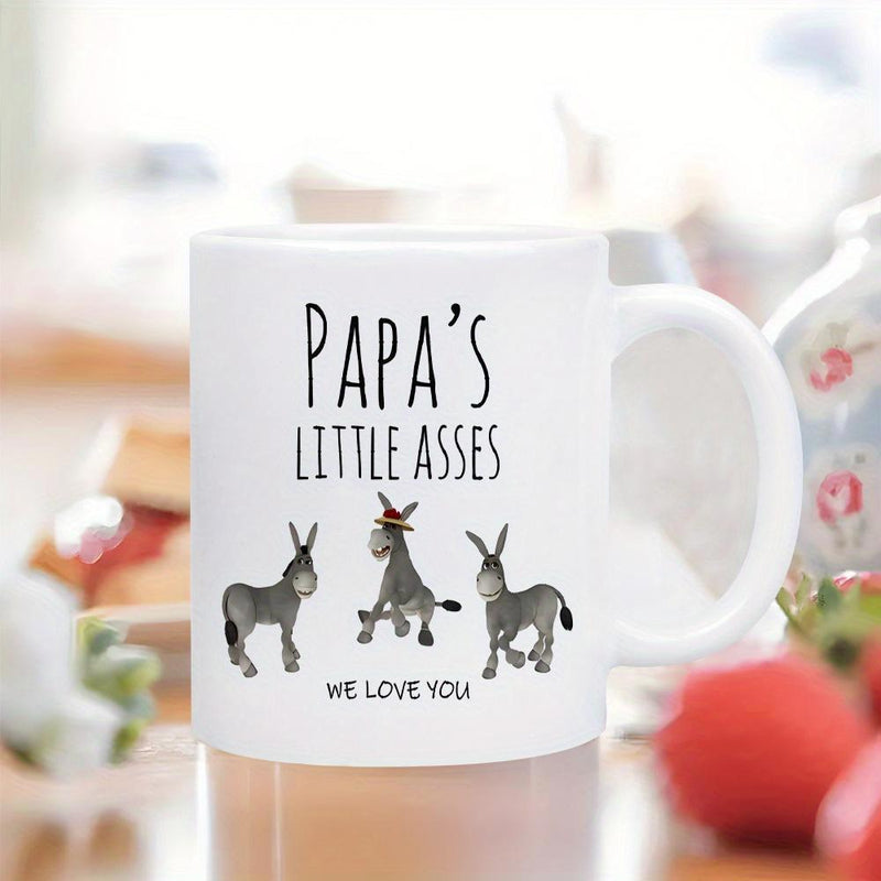 Tailorly White Ceramic 11 oz Mug - Papas Little Asses We Love You Three Playful Gray Farm Animals Standing On Clean White Background Donkey
