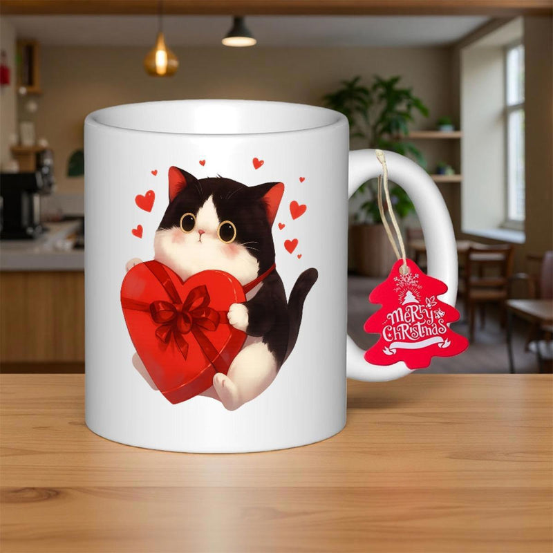 Tailorly White Ceramic 11 oz Mug - Adorable Black White Kitten Holding A Large Heart Box Among Hearts Cat
