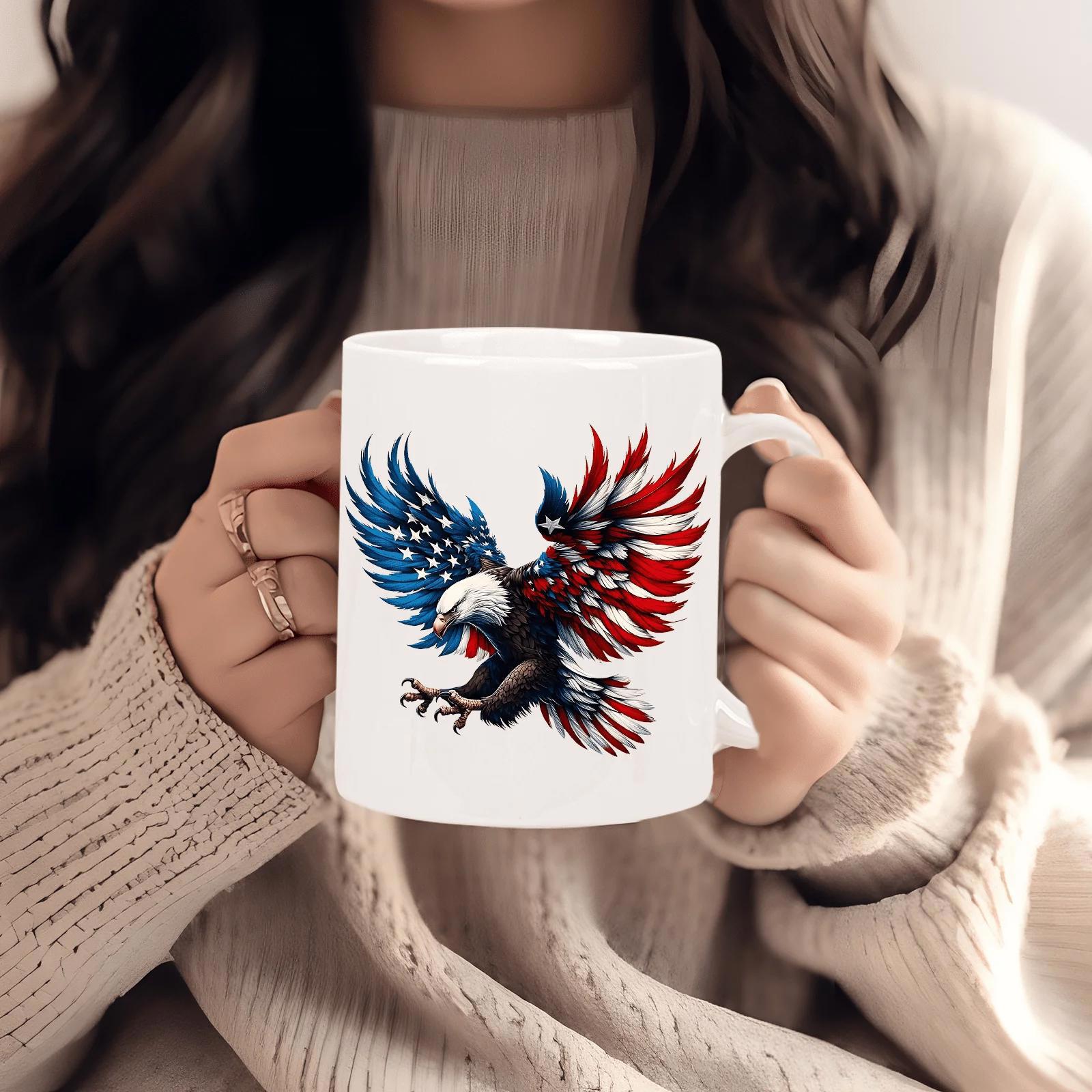 Tailorly White Ceramic 11 oz Mug - Majestic Patriotic Soaring Bald Eagle With American Flag Patterned Wings Eagle