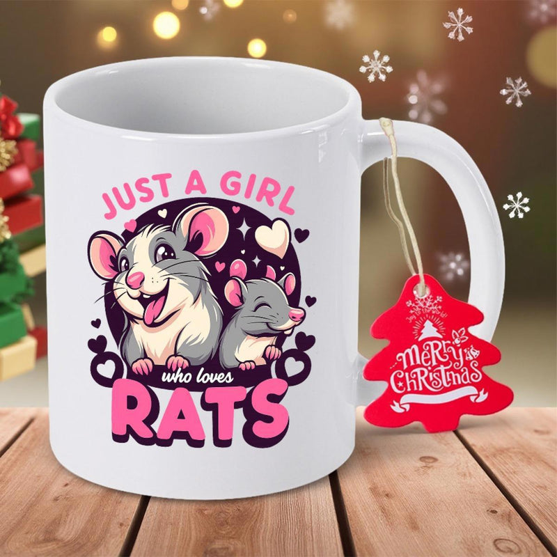 Tailorly White Ceramic 11 oz Mug - Just A Girl Who Loves Rats Two Adorable Cartoon Rodents Smiling Among Floating Hearts And Stars Rat