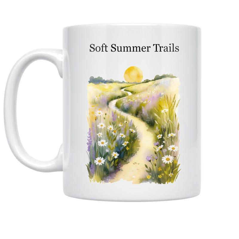 Tailorly White Ceramic 11 oz Mug - Soft Summer Trails Winding Golden Path Through Meadow Wildflowers Under Warm Sunset Sun Trail
