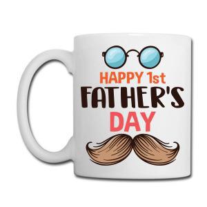 Tailorly White Ceramic 11 oz Mug - Happy 1st Father's Day Blue Round Glasses With Thick Brown Mustache On