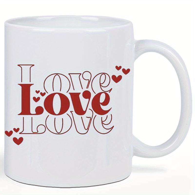Tailorly White Ceramic 11 oz Mug - Love Artistic Retro Stacked Letters With Small Floating Red Decorative Heart