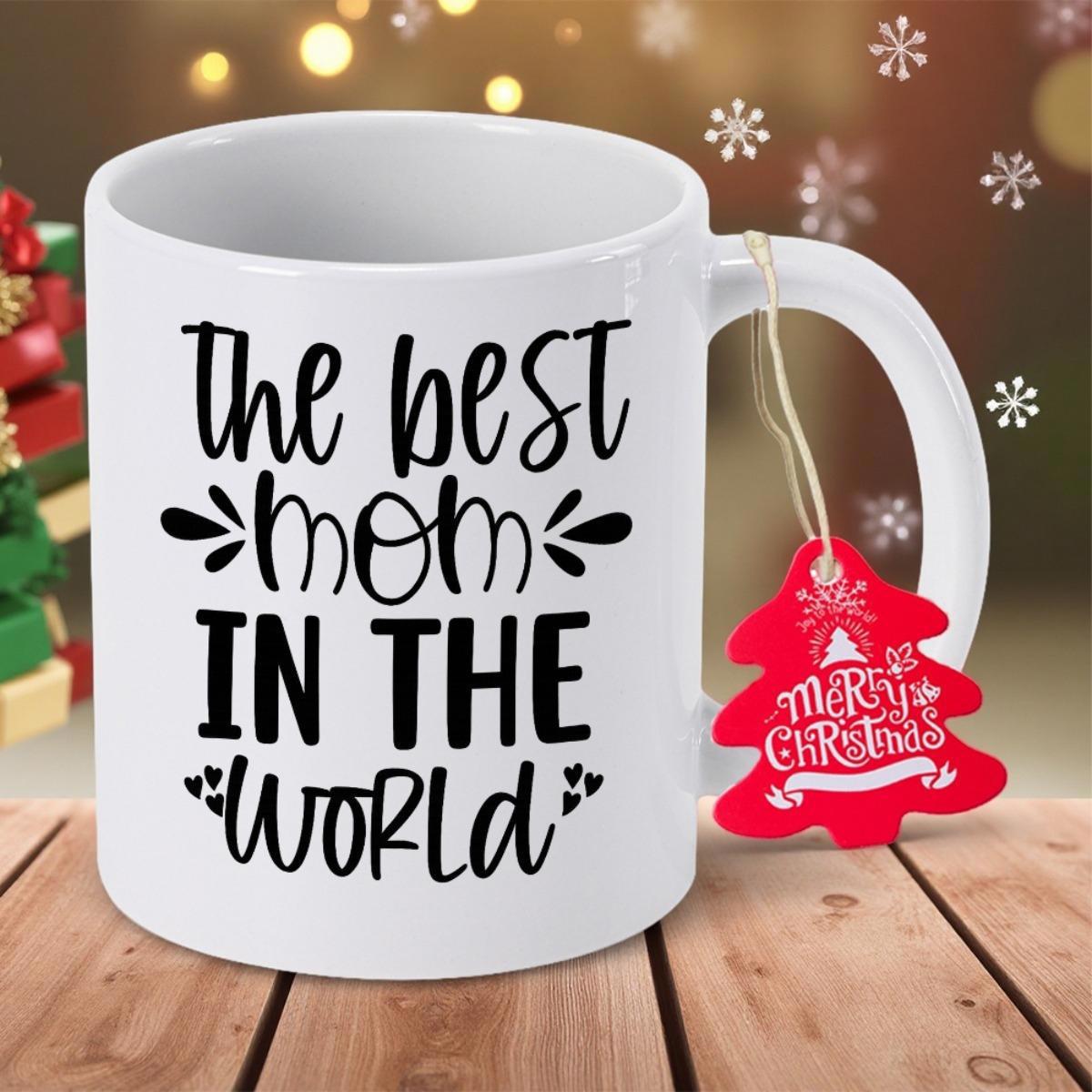 Tailorly White Ceramic 11 oz Mug - The Best Mom In The World Elegant Script Lettering With Decorative Floral Flourishes And Small Delicate Hearts Mug
