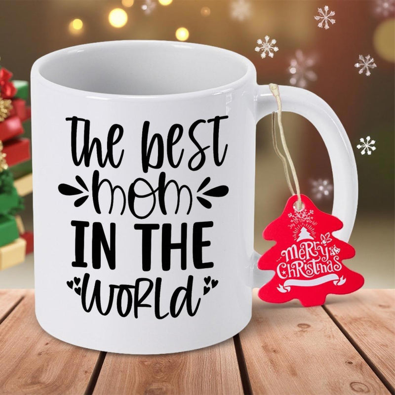 Tailorly White Ceramic 11 oz Mug - The Best Mom In The World Elegant Script Lettering With Decorative Floral Flourishes And Small Delicate Hearts Mug