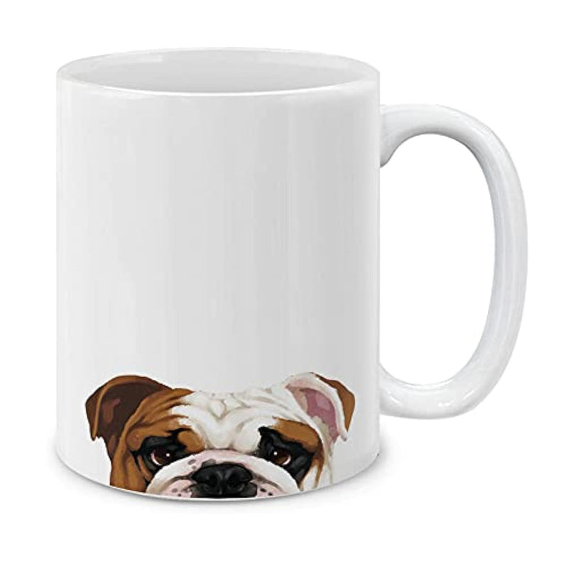 Tailorly White Ceramic 11 oz Mug - Hand Painted Style Peeking Face With Expressive Eyes And Brown Ears Bulldog