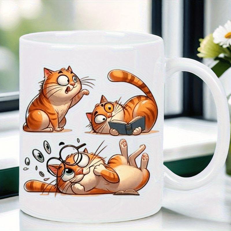 Tailorly White Ceramic 11 oz Mug - Adorable Orange Tabby Cartoon Felines Reading Books And Relaxing Group Cat