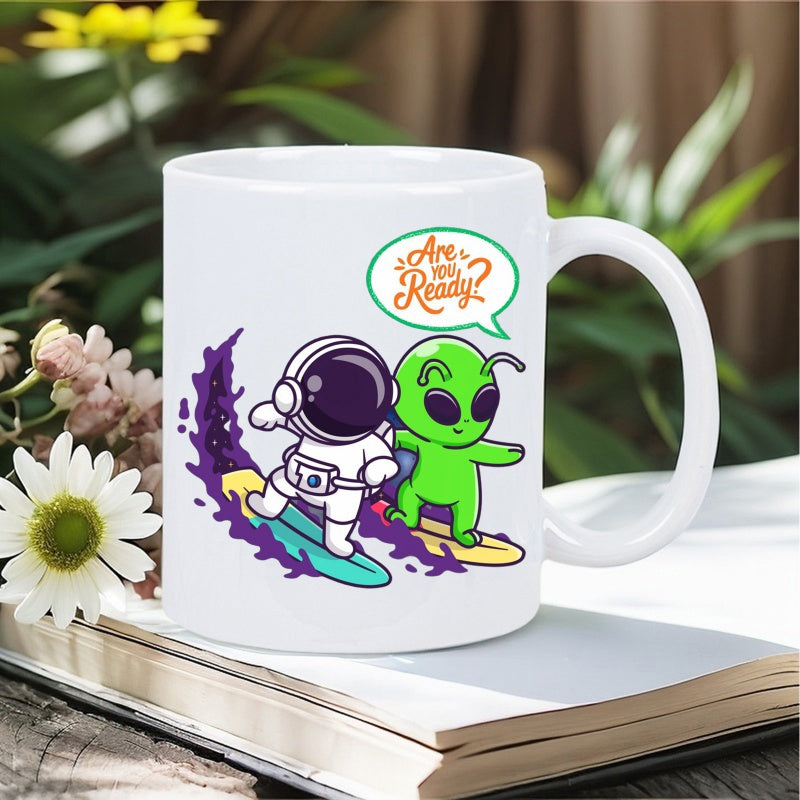 Tailorly White Ceramic 11 oz Mug - Are You Ready Cartoonish Small Astronaut Surfing Along With A Friendly Green Alien Astronaut