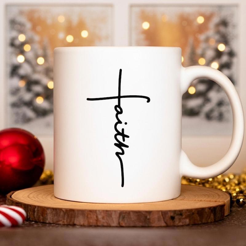 Tailorly White Ceramic 11 oz Mug - Faith Minimalist Black Handwritten Script Forming A Graceful Symbolic Christian Cross