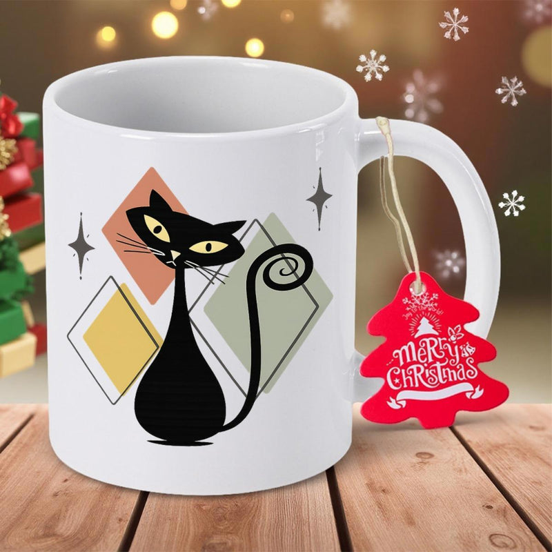 Tailorly White Ceramic 11 oz Mug - Merry Christmas Elegant Atomic Black Feline Sitting Among Colorful Mid Century Geometric Diamonds Cat