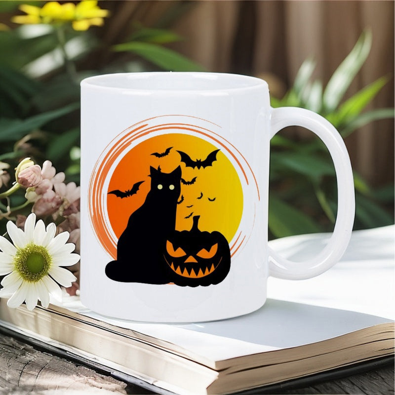 Tailorly White Ceramic 11 oz Mug - Halloween Silhouette With Bats Flying Around Glowing Moon And Pumpkin Cat