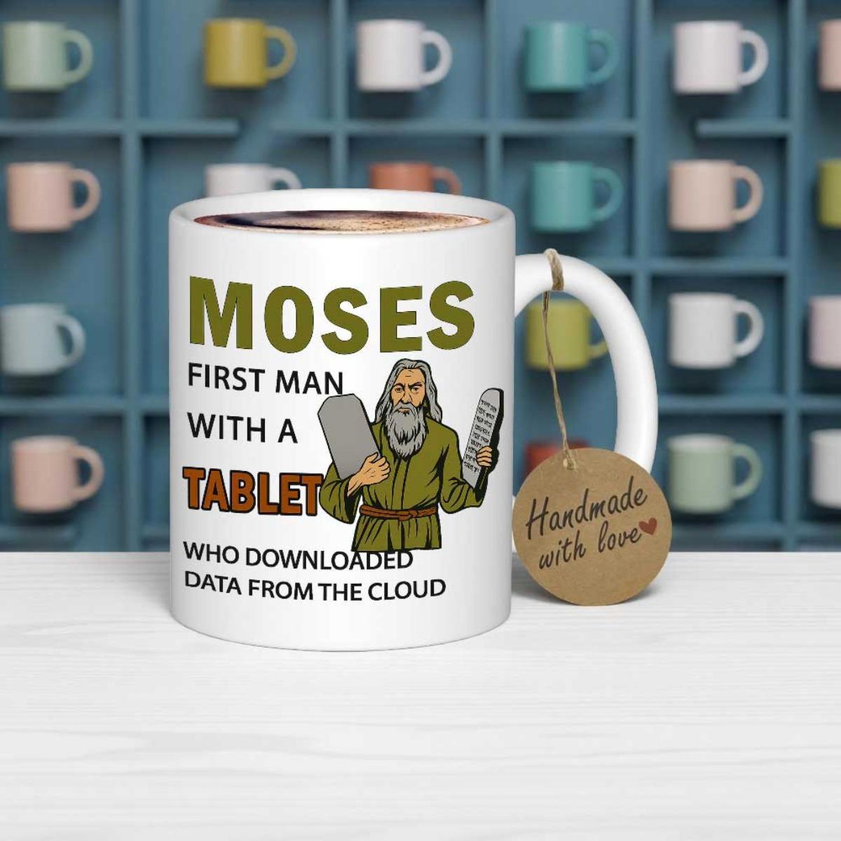 Tailorly White Ceramic 11 oz Mug - Moses First Man With A Tablet Who Downloaded Data From The Cloud Biblical Prophet Holding Two Stone Tablets In A Humorous Hand