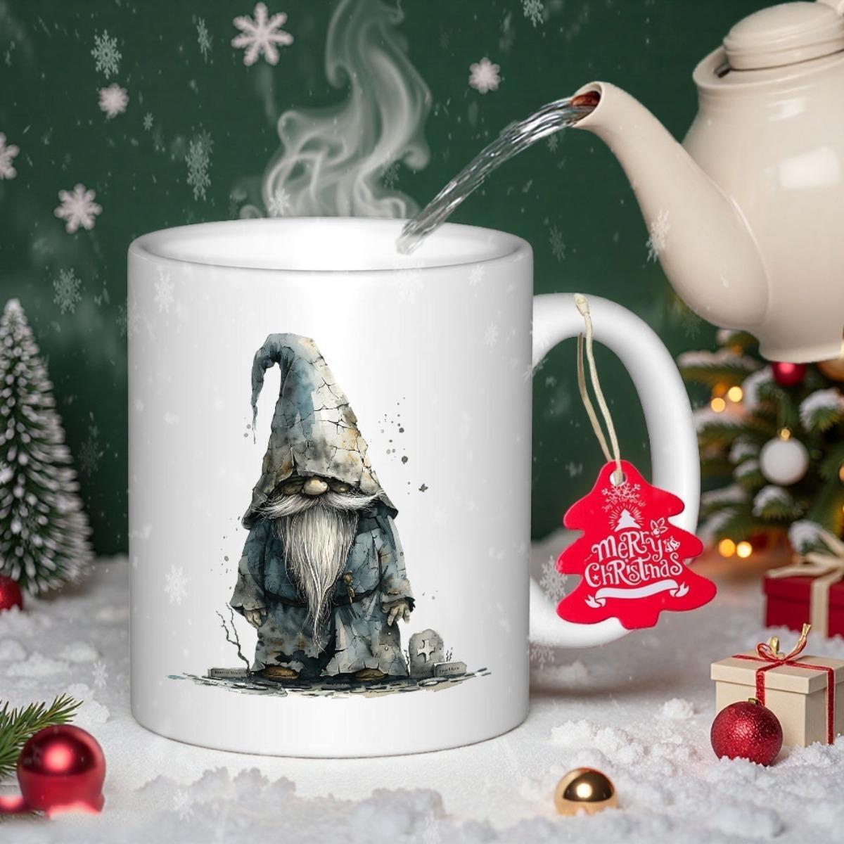 Tailorly White Ceramic 11 oz Mug - Merry Christmas Rustic Hand Drawn Whimsical Character Wearing Distressed Tall Pointy Hat Gnome