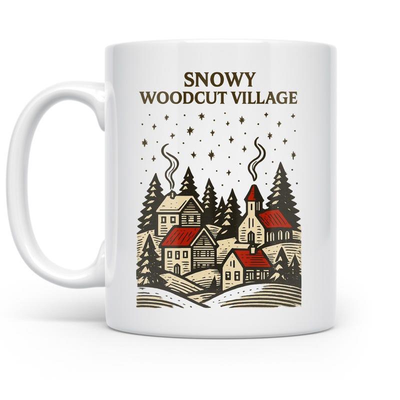 Tailorly White Ceramic 11 oz Mug - Snowy Woodcut Village Cozy Winter Scene With Small Houses Among Pine Trees Under Falling Snow Village