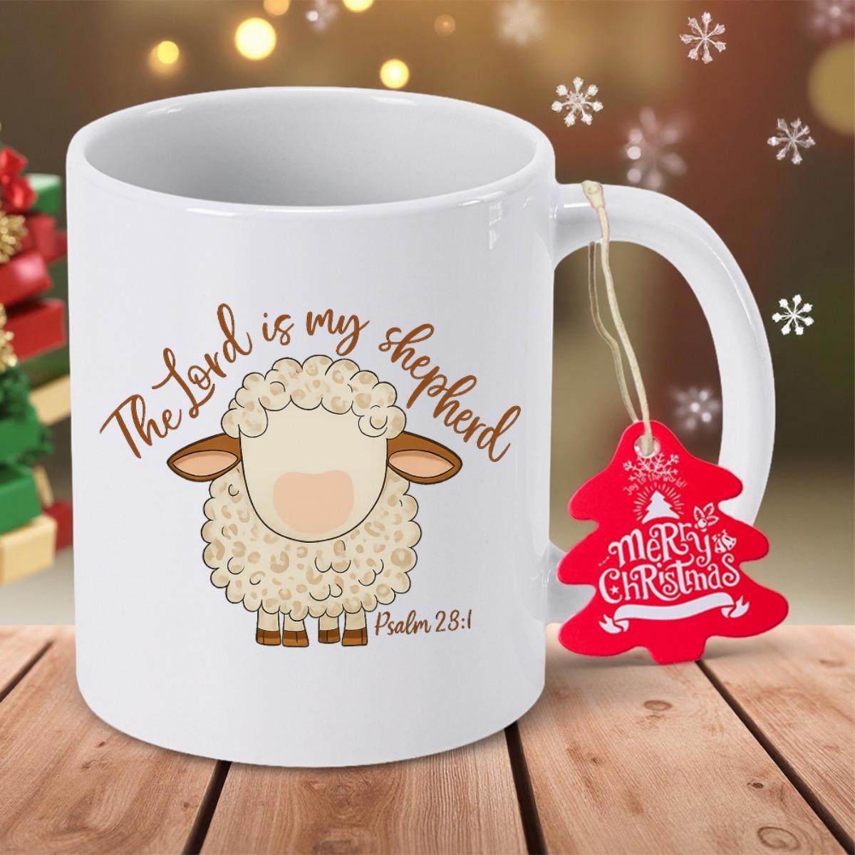 Tailorly White Ceramic 11 oz Mug - The Lord Is My Shepherd Psalm 23 1 Cute Fluffy Lamb Standing Peacefully Among Script Font Text Mug Sheep