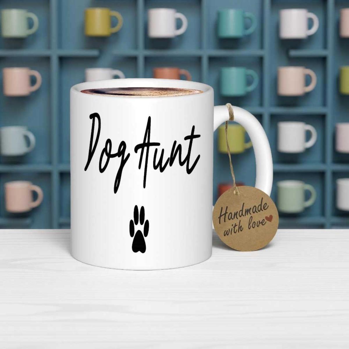 Tailorly White Ceramic 11 oz Mug - Dog Aunt Simple Black Animal Paw Print Positioned Centrally Beneath Minimalist Script Text Mug
