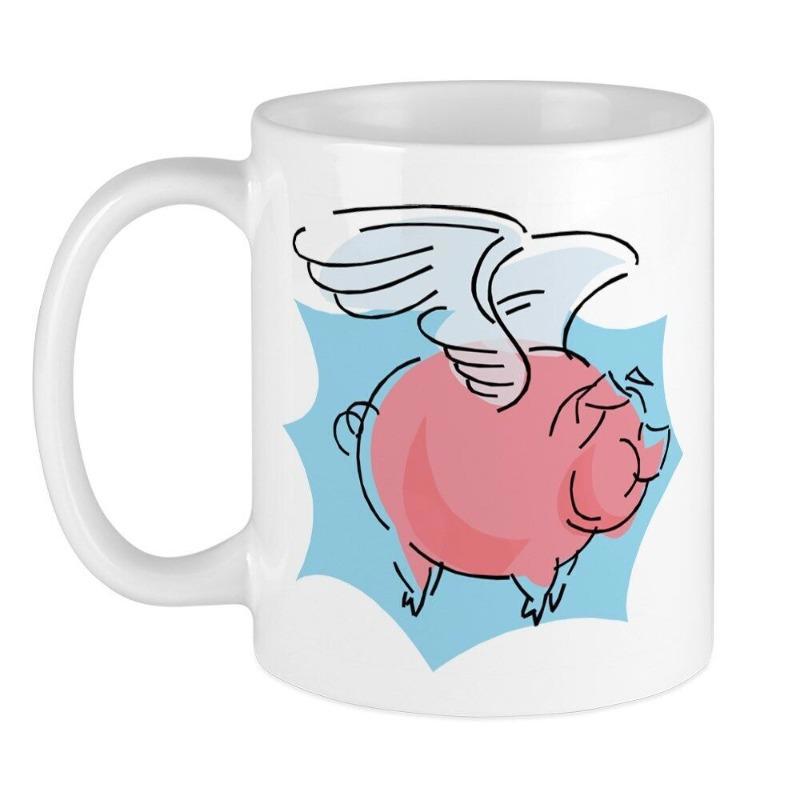 Tailorly White Ceramic 11 oz Mug - Cartoon Pink Winged Creature Flying Against Blue Splash Background Pig