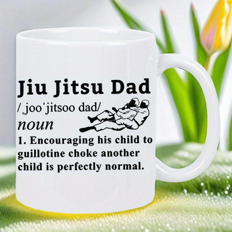Tailorly White Ceramic 11 oz Mug - Jiu Jitsu Dad Minimalist Black Ink Illustration Showing Athletes In Grappling Positions Mug