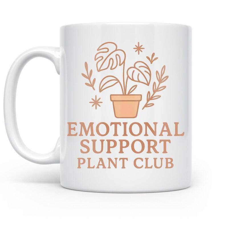 Tailorly White Ceramic 11 oz Mug - Emotional Support Plant Club Minimalist Line Art Potted Monstera Among Delicate Leaf Sprigs And Twinkling Plant