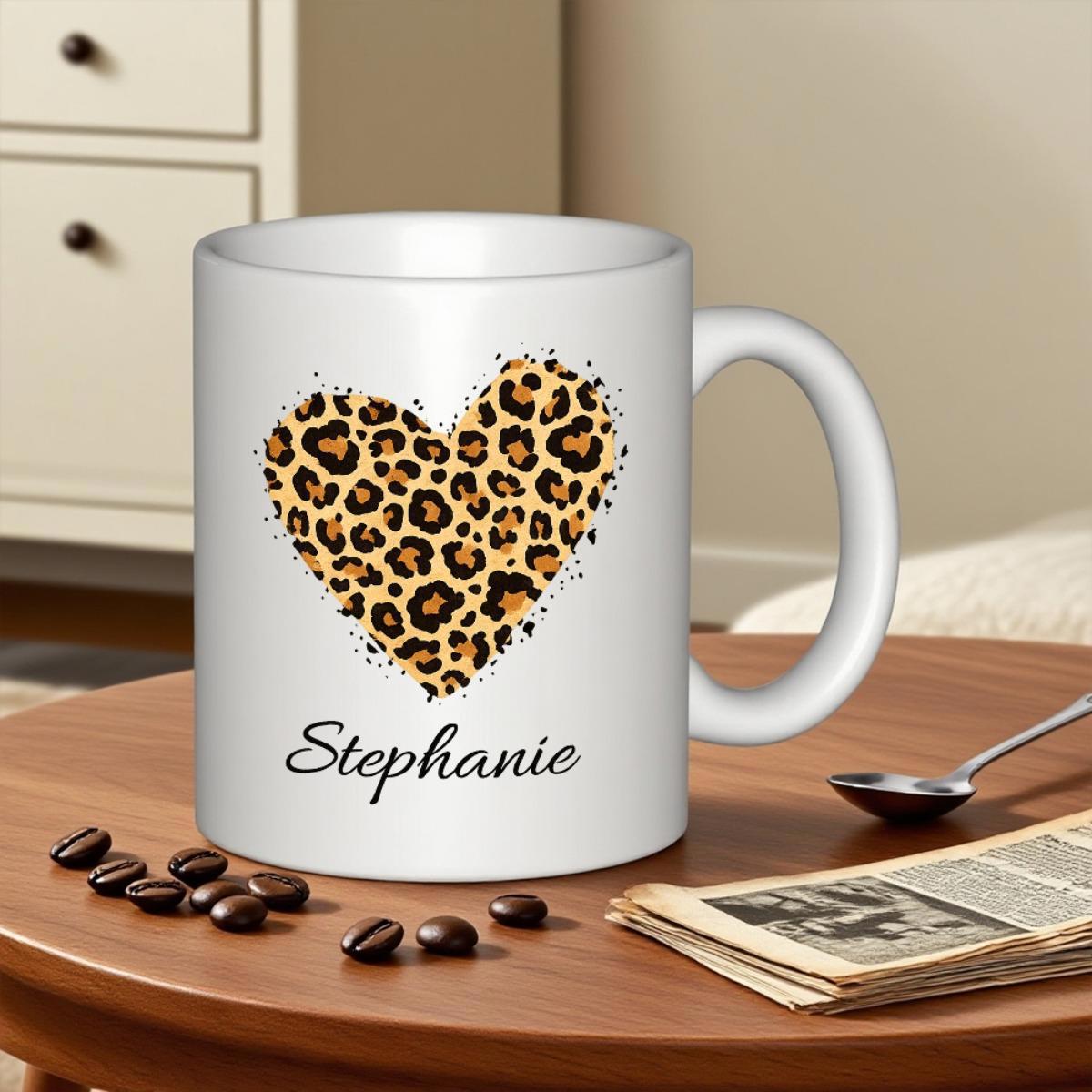 Tailorly White Ceramic 11 oz Mug - Stephanie Wild Leopard Print Pattern Within A Romantic Artistic Heart Shaped Design Heart