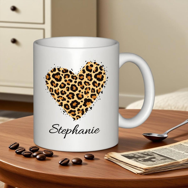Tailorly White Ceramic 11 oz Mug - Stephanie Wild Leopard Print Pattern Within A Romantic Artistic Heart Shaped Design Heart
