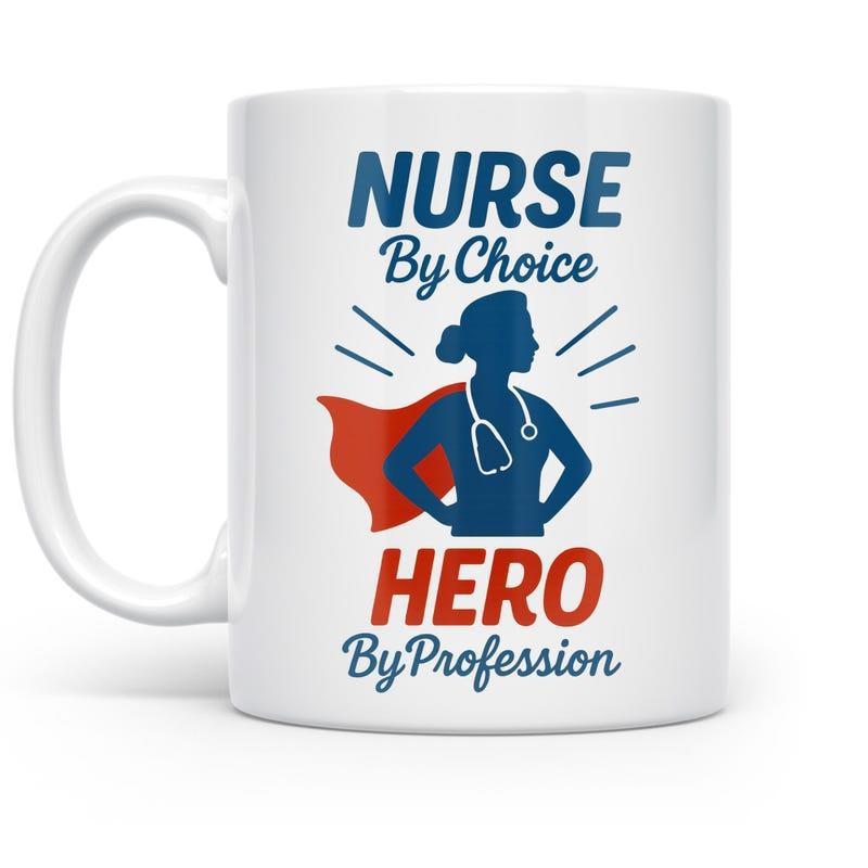 Tailorly White Ceramic 11 oz Mug - Nurse By Choice Hero By Profession Strong Female Silhouette Wearing Red Superhero Cape With Stethoscope Radiant Nurse