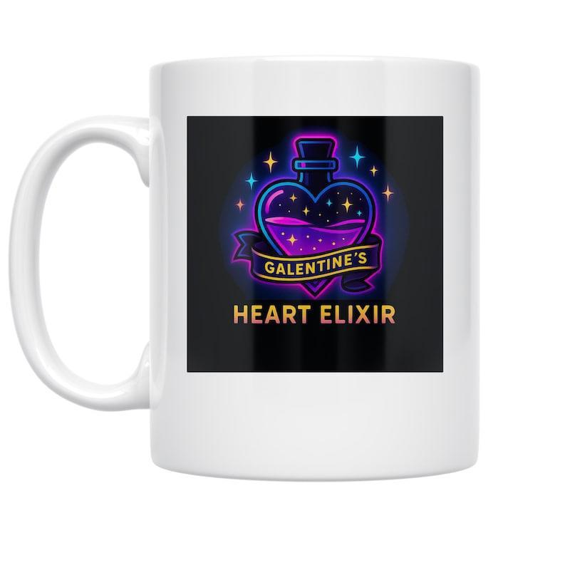 Tailorly White Ceramic 11 oz Mug - Galentines Heart Elixir Neon Purple Heart Shaped Jar Glowing Under Sparkling Stars Bottle