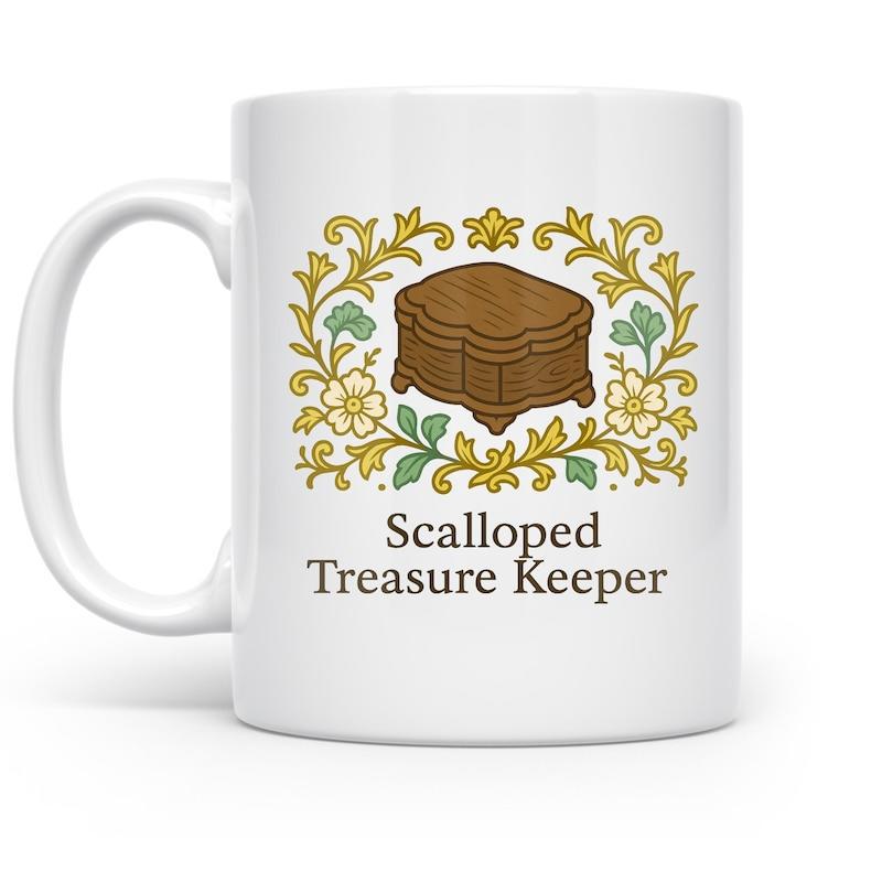 Tailorly White Ceramic 11 oz Mug - Scalloped Treasure Keeper Ornate Golden Floral Wreath Surrounding A Classic Vintage Wooden Chest