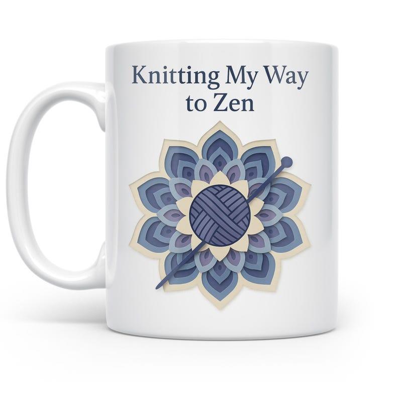 Tailorly White Ceramic 11 oz Mug - Knitting My Way To Zen Intricate Blue Petals Arranged Around A Central Ball Of Yarn Mandala