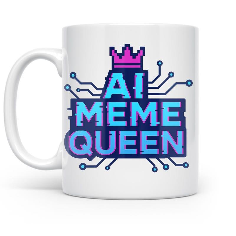 Tailorly White Ceramic 11 oz Mug - AI Meme Queen Pink Pixelated Crown With Cyan Digital Circuits Spreading Over Design Crown