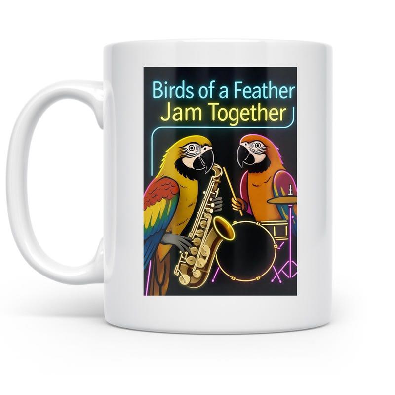 Tailorly White Ceramic 11 oz Mug - Birds Of A Feather Jam Together Two Musical Macaws Playing Saxophone And Drums In Neon Atmosphere Parrot