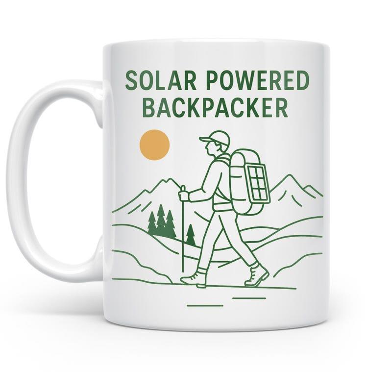 Tailorly White Ceramic 11 oz Mug - Solar Powered Backpacker Minimalist Line Art Mountain Range Under A Warm Golden Sun Backpacker