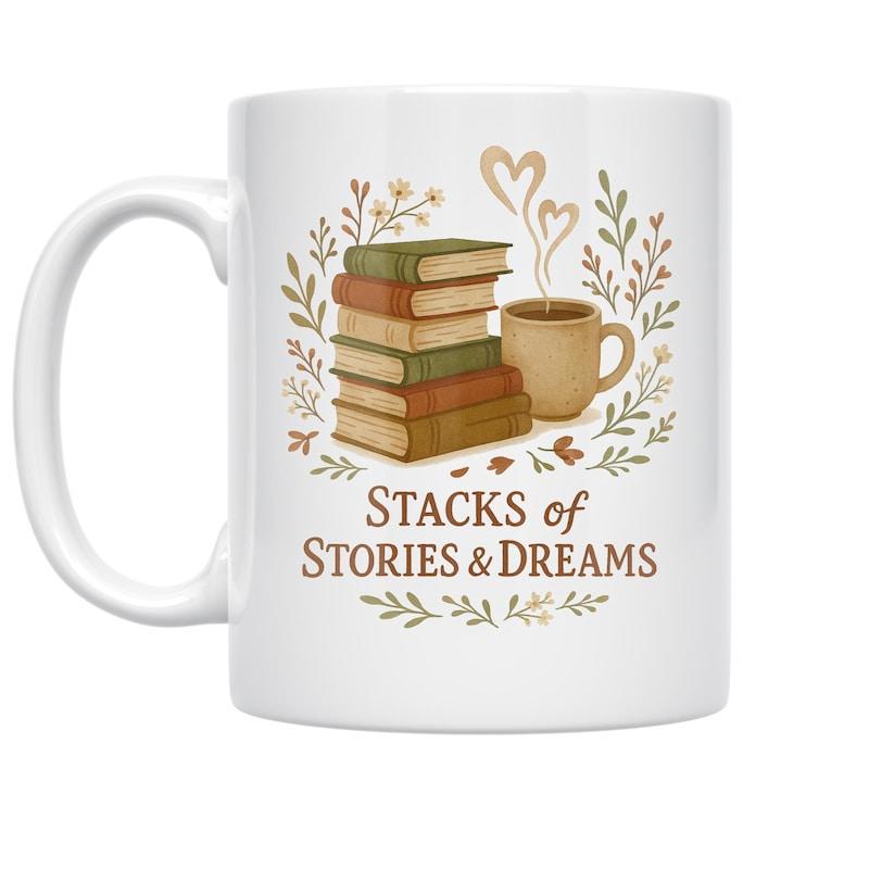 Tailorly White Ceramic 11 oz Mug - Stacks Of Stories Dreams Cozy Stack Of Vintage Books Beside Steaming Heart Coffee Wreath Book