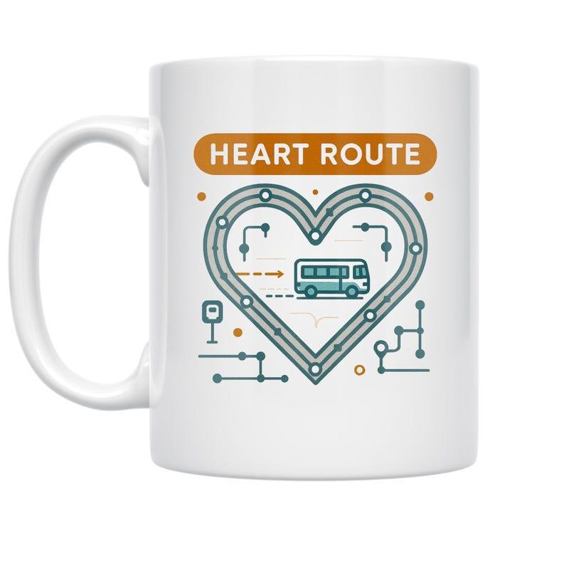 Tailorly White Ceramic 11 oz Mug - Heart Route Modern Heart Shaped Transit Map With A Small Blue Traveling Bus Heart