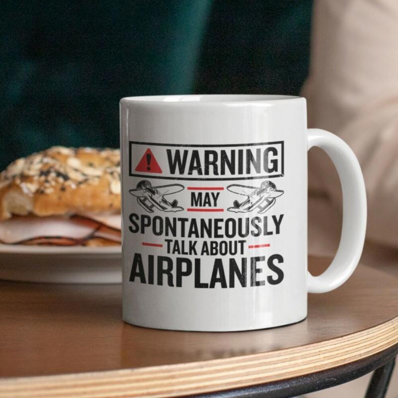 Tailorly White Ceramic 11 oz Mug - Warning May Spontaneously Talk About Airplanes Vintage Propeller Aircraft Flying Among Bold Industrial Typography Airplane