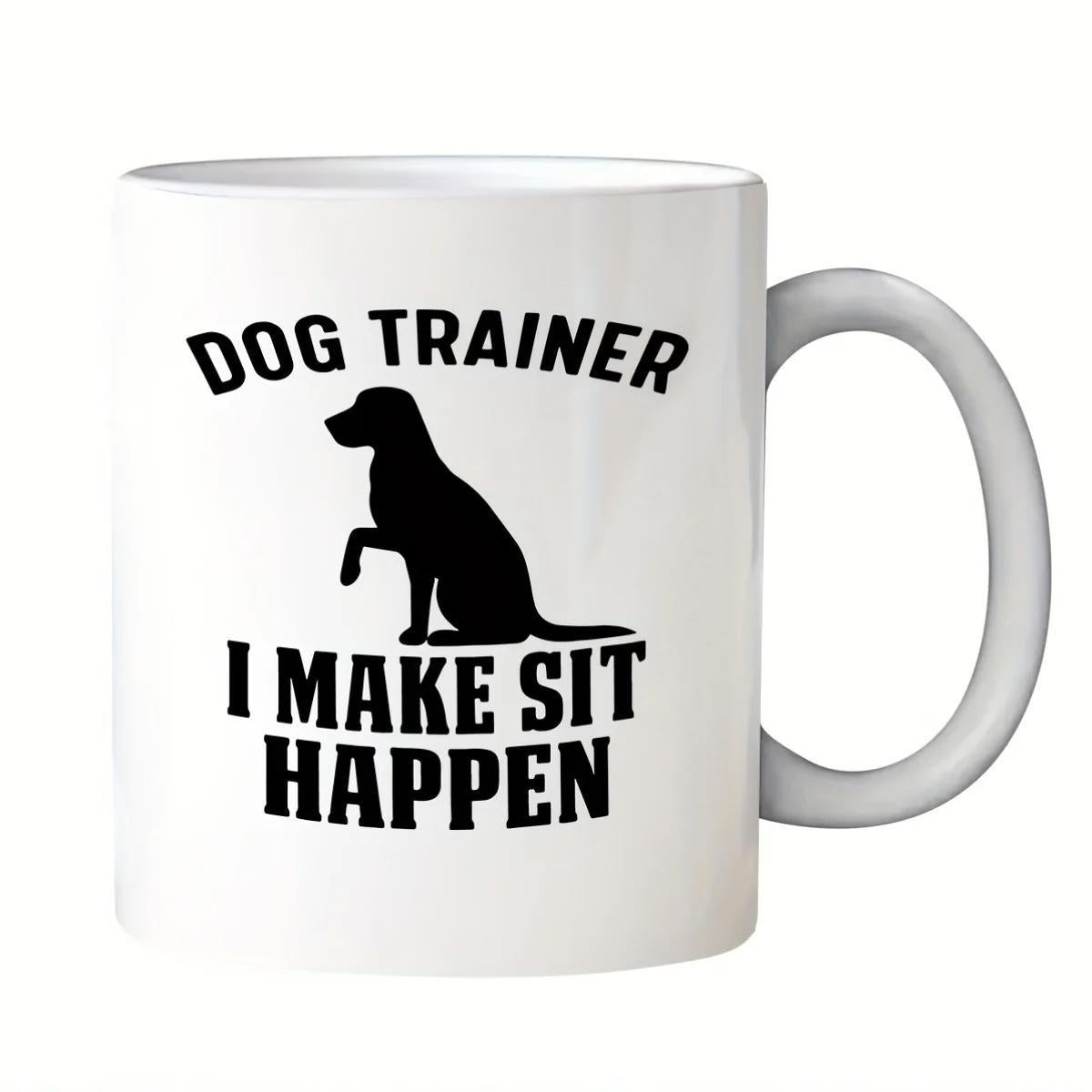 Tailorly White Ceramic 11 oz Mug - Dog Trainer I Make Sit Happen Simple Black Silhouette Sitting Patiently Raising One Paw In Profile Dog