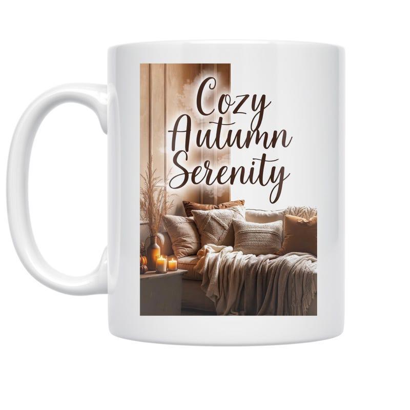 Tailorly White Ceramic 11 oz Mug - Cozy Autumn Serenity Warm Interior Featuring Comfortable Pillows And Soft Blanket Beside Candles Mug