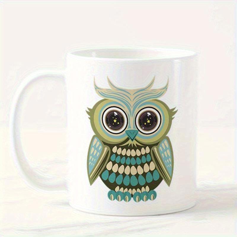 Tailorly White Ceramic 11 oz Mug - Artistic Folk Style Design Featuring Vibrant Green Feathers And Eyes Owl