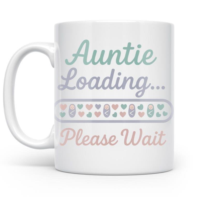 Tailorly White Ceramic 11 oz Mug - Auntie Loading Please Wait Pastel Colored Hearts And Tiny Footprints Inside A Progress Loading Bar Mug