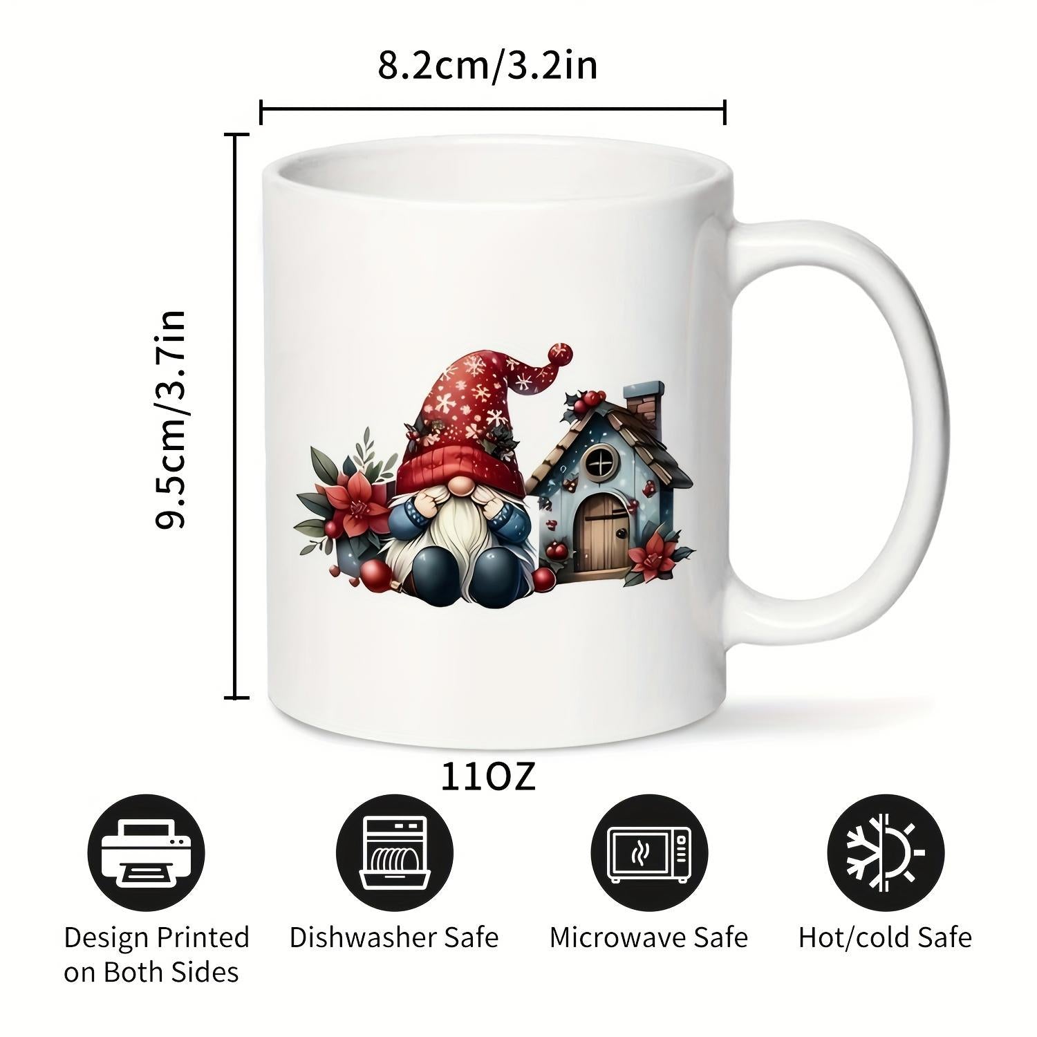 Tailorly White Ceramic 11 oz Mug - Adorable Red Hat Sitting Beside Small Cozy Winter Cottage Gnome