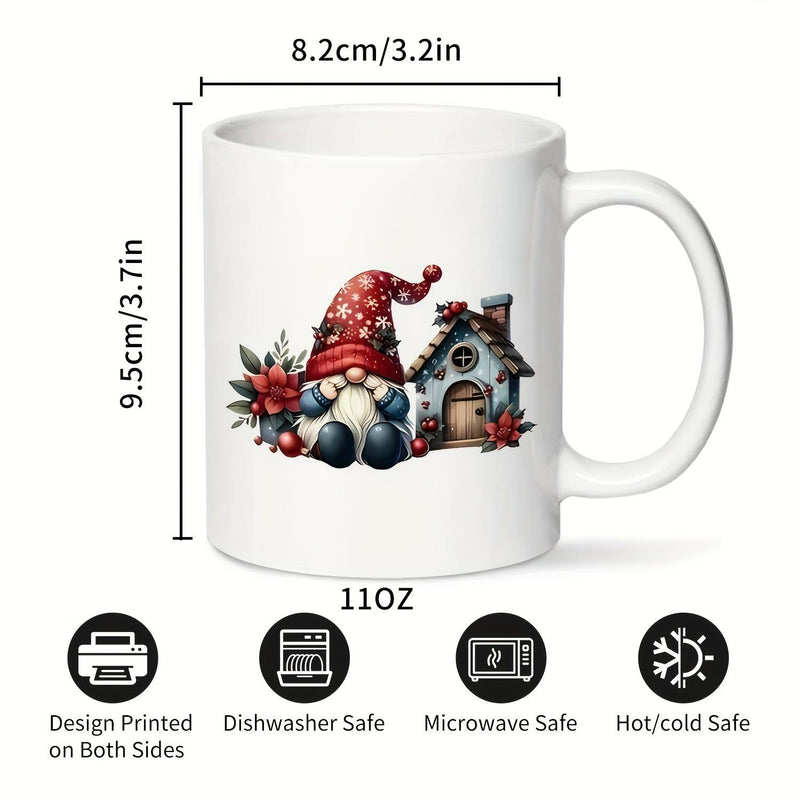 Tailorly White Ceramic 11 oz Mug - Adorable Red Hat Sitting Beside Small Cozy Winter Cottage Gnome