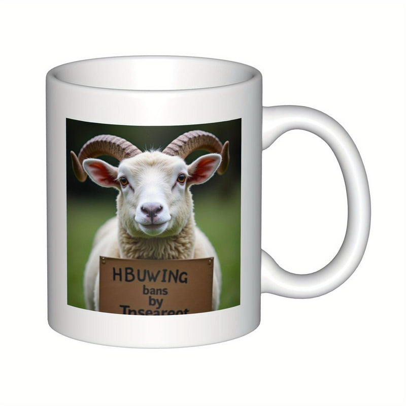 Tailorly White Ceramic 11 oz Mug - Hbuwing Born By Majestic White Ram With Curved Horns Standing On A Grassy Field Ram