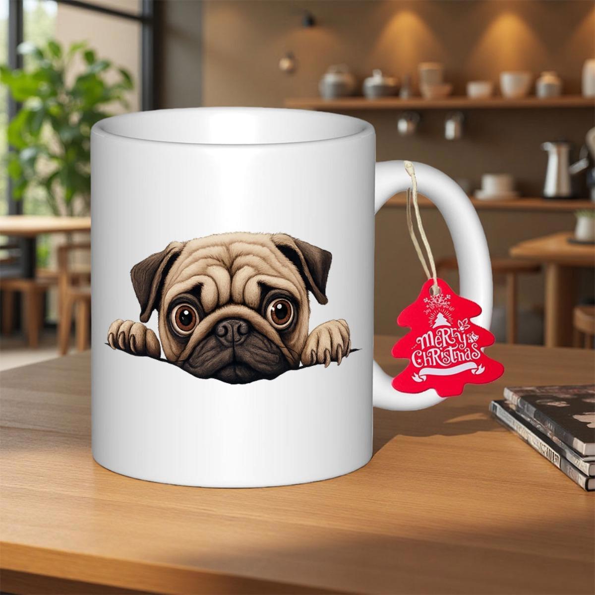 Tailorly White Ceramic 11 oz Mug - Merry Christmas Adorable Peeking Brown Pug With Big Innocent Eyes Pug